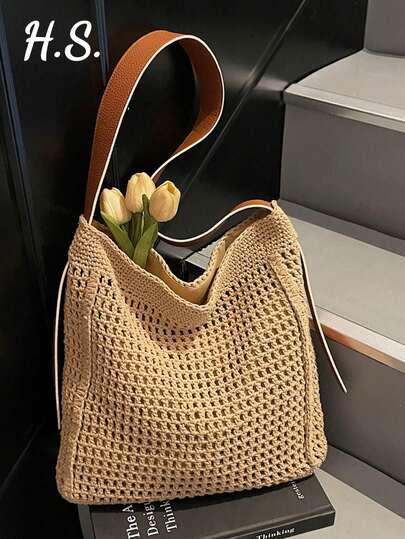 Spring/Summer New Hollow Woven Casual Straw Large Capacity Solid Color Retro Slouchy Niche Design Pastoral Style Beach Vacation Shoulder Bag, Suitable For Daily Commute, College, Travel, Shopping, Tote Bag For Women