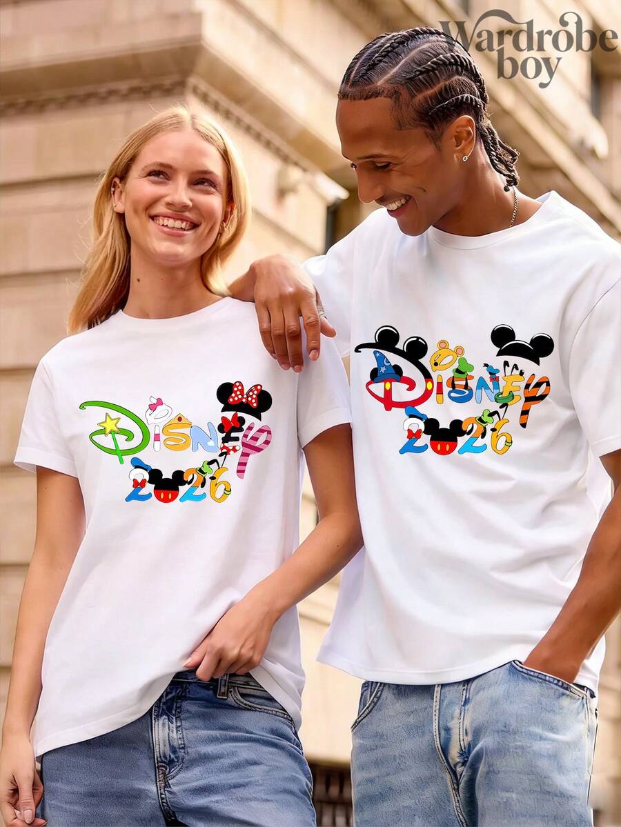 Disney 1PC  Printed T-Shirt,  Family Vacation T-Shirt,Father's Day And Mother's Day T-Shirt, Gift For Parents,High-Quality Pure Cotton T-Shirt,Suitable For All Seasons, Comfortable And Breathable| Exquisite Design | The Best Choice For Giving Gifts - Man-white - View 1