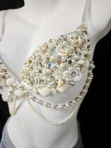 新款性感女士文胸内衣，手工串珠贝壳文胸，比基尼内裤，贴身衣物，性感文胸配饰，适合度假、音乐会、海滩、派对等场合。 - 白色 - 查看 6