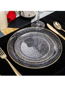 50pcs/Set Transparent Gold Rim Hammered Round Plates, 10.25 Inch Large Plate, 7.5 Inch Plate, Reusable And Easy To Clean Lovely Dinnerware, Suitable For Weddings, Birthday Parties, Family Gatherings, Outdoor Team Building, Schools, Back To School Events - View 8