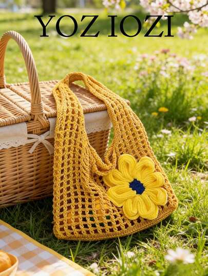 韩式极简主义小众设计花卉编织大容量通勤、购物、外出、日常使用单肩手提包