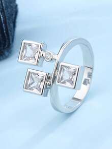 创意方形和圆形几何戒指，合成锆石首饰，女士礼物 - 白色 - 查看 2