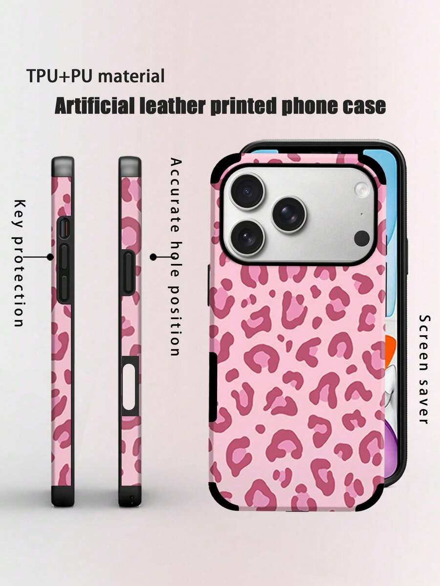 1pc Leopard Pattern Faux Leather Shock-Proof Soft Phone Case With Sound Enhancing Design, Compatible With Iphone 17 Pro Max/16 Pro Max/16 Plus/13 Pro Max/14 Pro Max 13 14 11 12 Pro 11/15 Pro, Galaxy S24 Ultra, Holiday Gift - Pink - View 1
