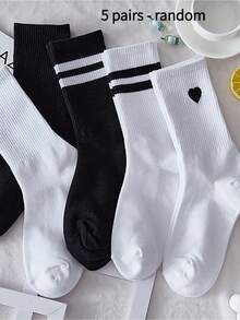 5 Pairs Striped & Heart Print Sports Over-The-Knee Socks, Autumn - Multicolor - View 5