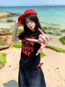 新款夏季 Z 世代 Y2K 风格女式趣味红色英文印花圆领短袖 T 恤 - 黑色 - 查看 6