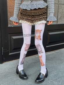 1 Pair Women's Velvet Cat Print Pantyhose, Cute, Elegant, Comfortable And Durable, Suitable For Various Festivals, Dates, Daily Outings, Work Commute And Outdoor Activities - Multicolor - View 6