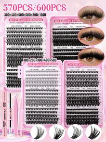 CMAYOME 600/570片D型卷翘分段式假睫毛套装，30D+40D+50D+60D+80D+100D混合浓密黑色自然蓬松单根假睫毛，居家DIY，大容量，新手易上手，持久舒适佩戴，适合派对、节日、婚礼等场合，8-16mm混合长度睫毛套装 - 黑色 - 查看 4