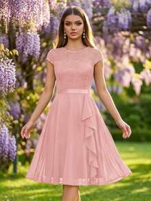 MIUSOL Elegant Solid Color Lace Patchwork Ruffle Hem Cocktail Party Dress Wedding Pink Spring - Pink - View 5