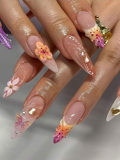 24Pcs 3D Floral Shell Butterfly Gradient Press-On Nails, Clear & Young-Looking Manicure For Spring Dates & Parties