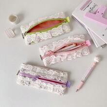 1pc Cute Lace Trim Pencil Case, Small Student Stationery Storage Pouch - Lace-trimmed Pencil Case - View 2