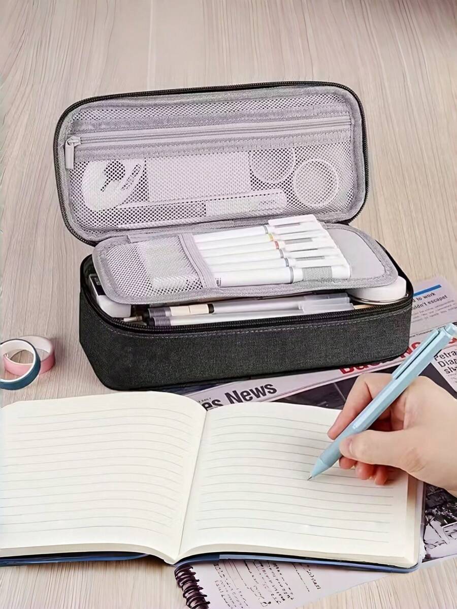1pc Large Capacity Stationery Pouch, High-Quality Pencil Case, Creative Big Capacity Pen Bag, Convenient Student Stationery Organizer - Black - View 1