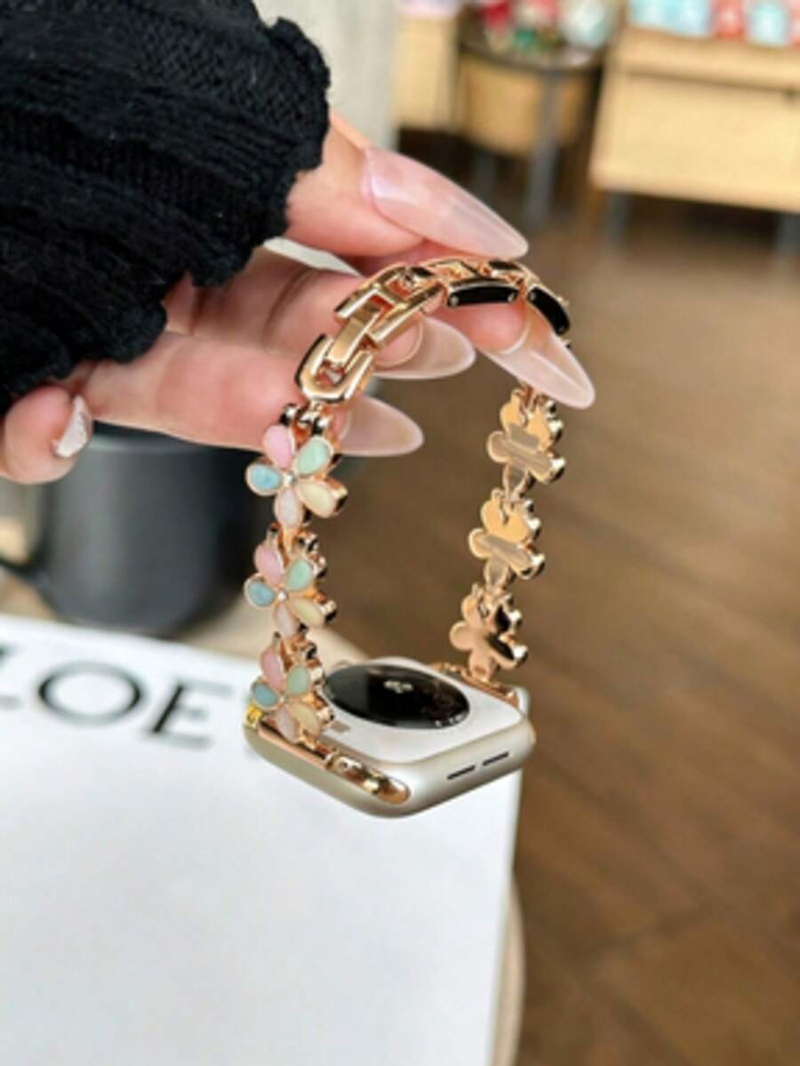 1条女士彩色玫瑰金五瓣花金属表带，兼容 Series 38mm/40mm/41mm/42mm/44mm/45mm/46mm/49mm，兼容Ultra/SE/S10/S9/8/7/6/5/4/3/2/1，感恩节/情人节/生日礼物，办公/约会配饰，精致时尚，方便拆卸，防刮表带（仅表带） - 彩色 - 查看 1