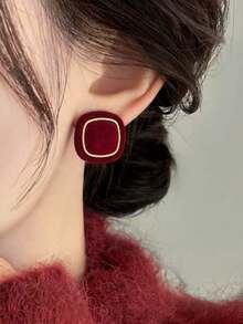 1对节日红色方形耳钉，简约复古女士耳环，植绒质感节日耳环礼品 - 紅色 - 查看 3