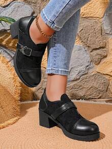 Women's Mid-Heel Slip-On Round Toe Comfortable Fashionable Shoes - Black - View 2