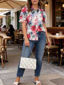 Women's Casual Vacation Style Loose Lantern Sleeve Button Tie-Dye Pattern Short Sleeve Shirt, Spring/Summer - Multicolor - View 7