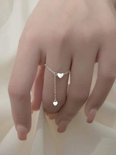1件简约百搭可调节食指饰品，时尚个性化心形链戒指，女士款
