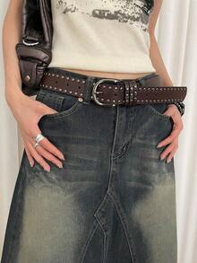 1pc Women's Coffee-Colored PU Leather Punk Style Double Row Rivet Decor Belt, Versatile Accessory Summer, School Fall, Autumn, Halloween SBXU - 黑色 - 查看 4