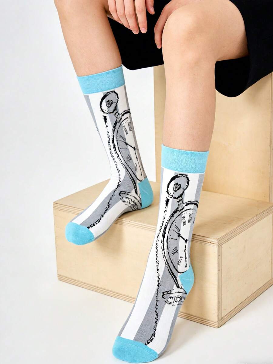 1 双男女通用蓝色怀表图案中筒袜 - 彩色 - 查看 1