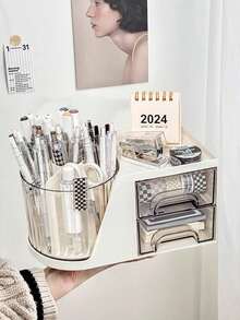 1pc Rotating Pen Holder Organizer, Desktop Rotating Makeup Brush Holder, Vanity Makeup Storage Box, Lipstick Desk Organizer Rack - White - View 5