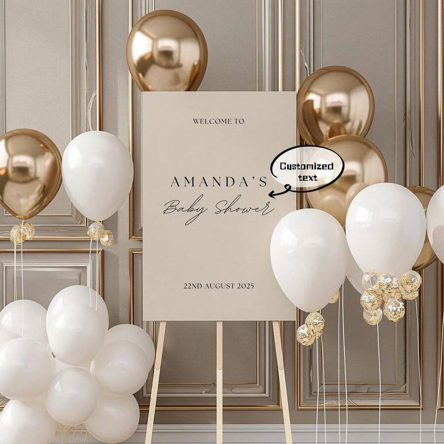 Calcomanía de cartel de bienvenida elegante para fiesta de mamá embarazada en beige, póster personalizado con nombre y fecha para celebración neutral, señalización de evento minimalista elegante, letras de vinilo DIY (solo calcomanía) - Multicolor - Ver 1