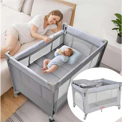 4-In-1 Foldable Baby Bassinet And Playard With Detachable Changing Table, Bedside Sleeper With Height-Adjustable Rail, One-Hand Setup Portable Baby Play Yard With Wheels For Home And Travel, Grey