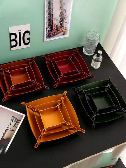 极简PU皮革收纳托盘 - 可折叠整理盒，可收纳钥匙、珠宝、手表和化妆品 - 防水人造革收纳托盘，适用于玄关、床头柜和书桌 - 提供S/M/L三种尺寸和多种颜色可选