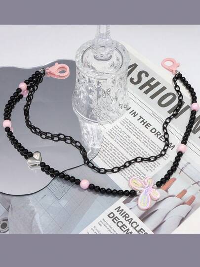 1pc Y2K Pink Black Butterfly Heart Beaded Pant Chain | Cute Edgy Bag Charm Cute Girly Stuff