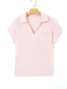 Acelitt Cute Light Pink High Collar Pocket Striped Casual Short Sleeve T-Shirt, Summer - Pink - View 6