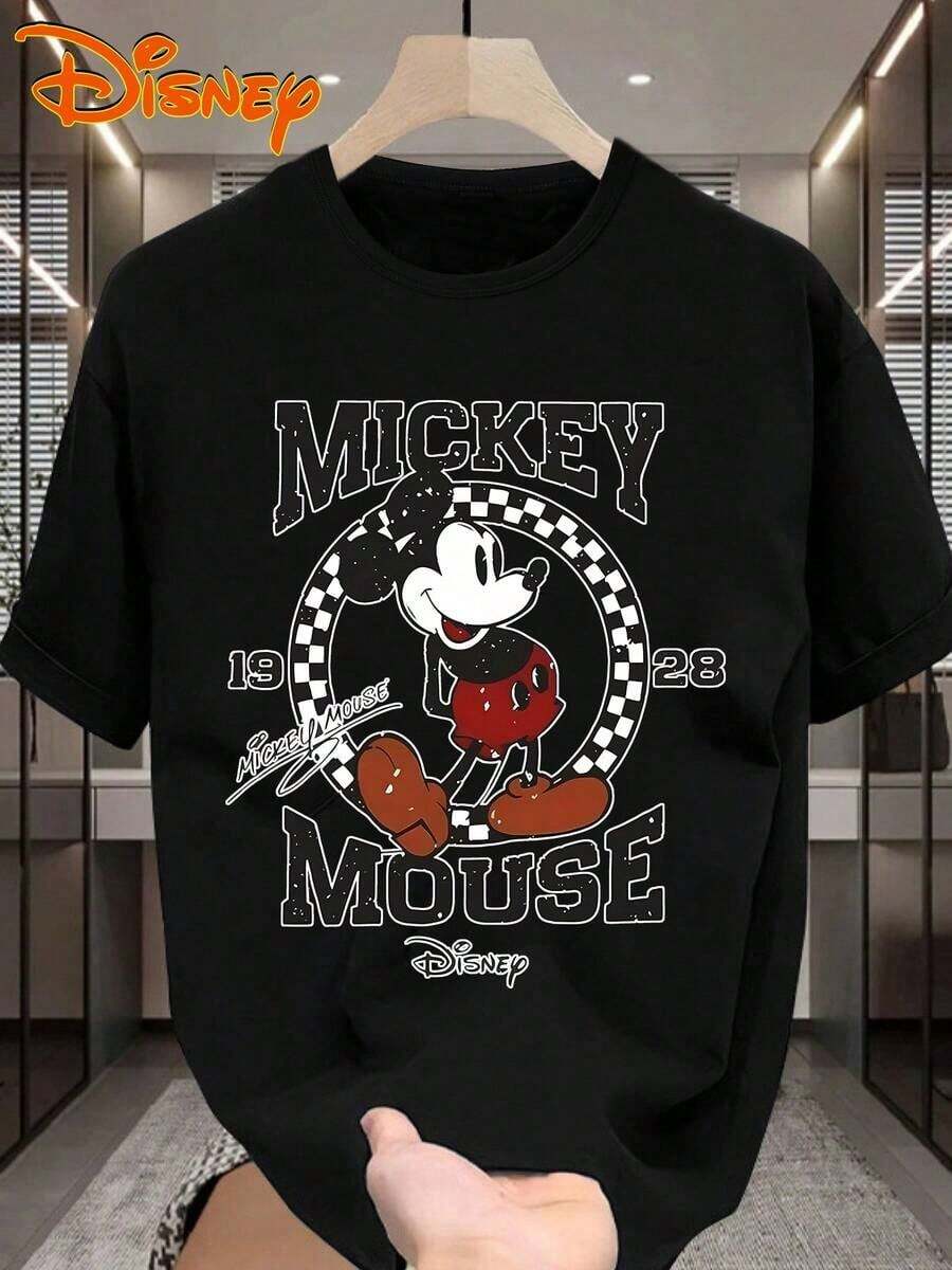 Disney 1pc Men's Mickey Mouse Cartoon Graphic Print Short Sleeve T-Shirt, Round Neck, Stretchy, Suitable For Everyday Wear, Easy Care, Fashionable Casual Men's T-Shirt - 黑色 - 查看 1