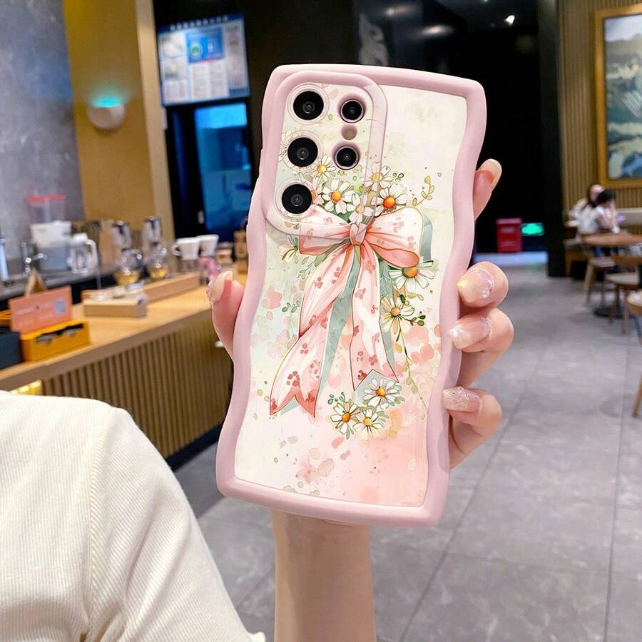 1pc Daisy Bow Camera Protection Wavy Phone Case, UV Printed Suitable For Galaxy/MOTO/ Android Models - Pink - View 1