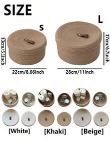 1pc Cotton Rope Storage Box, Woven Desktop Covered Jute Miscellaneous Toy Cosmetic Organizer Basket, Round Multi-Function Catchall, Holiday Gift, Blue - White - View 5