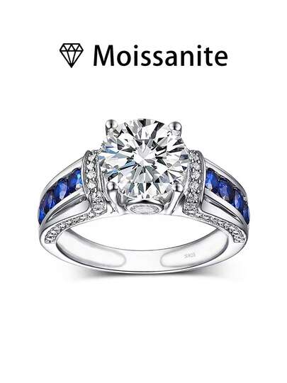 1 chiếc nhẫn cưới nữ, kiểu dáng bốn chấu viền xanh, bạc sterling 925 5.6g, đá Moissanite 2 carat, phong cách cổ điển Bohemian Palace, quà tặng sang trọng cho lễ đính hôn/cưới/kỷ niệm/Ngày Valentine, kèm giấy chứng nhận Moissanite và hộp quà thanh lịch.
