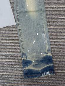 Men's High Street Ink Splattered Ripped Letter Logo Jeans, Men's Printed  Retro Made Small Leg Pants - 中等水洗藍 - 查看 7
