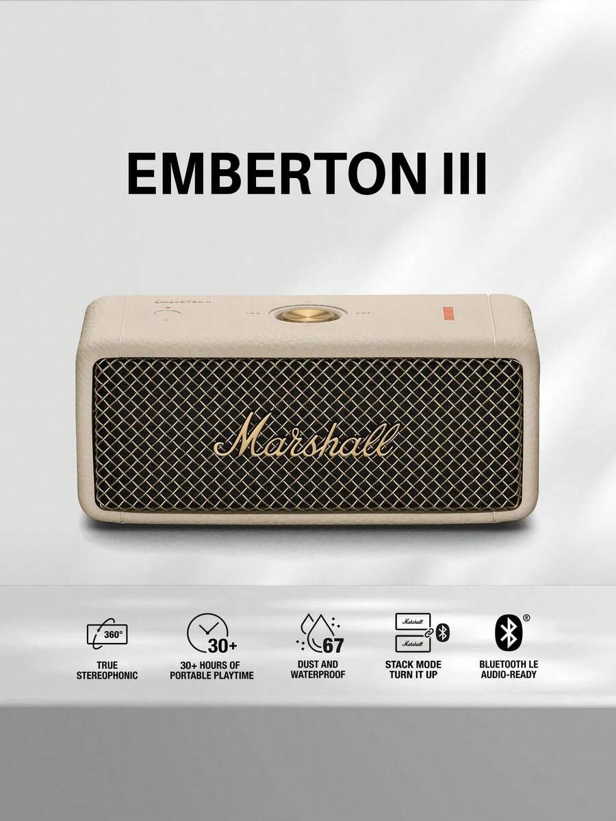 Marshall Loa Bluetooth di động Emberton II, thời gian phát nhạc hơn 30 giờ, chống nước IP67, âm thanh nổi 360 độ chân thực, chế độ xếp chồng, loa không dây mạnh mẽ với âm trầm sâu, lý tưởng cho tiệc tùng, du lịch, hoạt động ngoài trời và tại nhà.