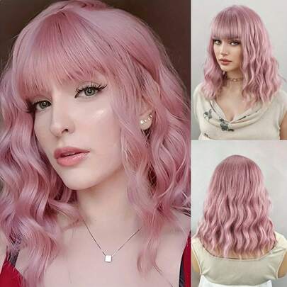35.56 Cm Pink Wig With Bangs, Soft Curly Wave Fibre, Rose Cap, 130% Density, Unisex, All Ethnicities, Tanglon Silk, Full Headpiece, No Lace, Beauty & Personal Care, Hair Extensions & Accessories ﻿