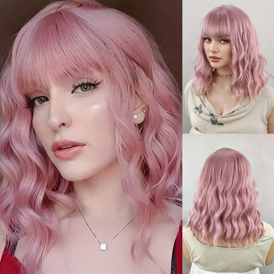 35.56 Cm Pink Wig With Bangs, Soft Curly Wave Fibre, Rose Cap, 130% Density, Unisex, All Ethnicities, Tanglon Silk, Full Headpiece, No Lace, Beauty & Personal Care, Hair Extensions & Accessories ﻿