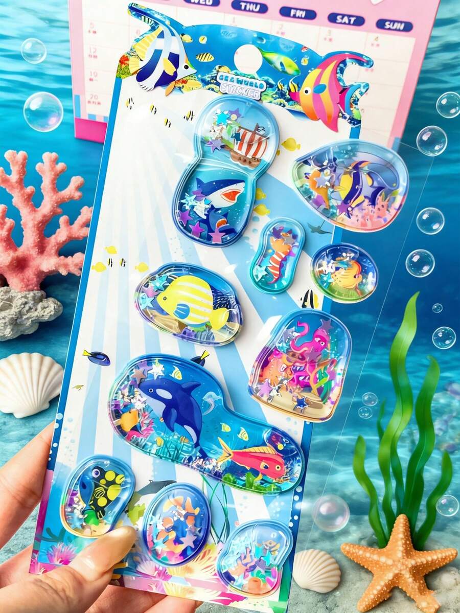 可爱的3D立体液体贴纸，海洋生物造型，摇一摇即可粘贴，适合用作游乐园奖品、学生礼物、装饰品。也是家居装饰、派对装饰、生日礼物、节日礼物的完美之选。时尚单品，奢华之选，适合缝纫和DIY。 - 彩色 - 查看 1
