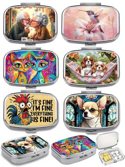 1pc Artistic Couple Cat, Hummingbird, Dog, Rooster, Pill Box, Mini Pill Box, 2-Compartment Pill Organizer, Portable Home Medicine Storage Box, Unique Gift For Pocket/Travel