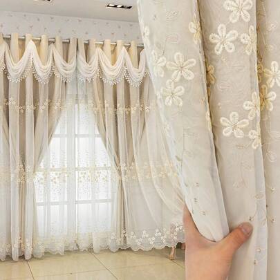 1件欧式梦幻客厅/阳台遮阳帘，卧室加厚荷叶边薄纱窗帘，一体式窗帘面料，双层高端新款设计，100%遮光