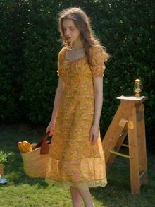 Vestido de cuello cuadrado con estampado floral diminuto de estilo casual de vacaciones - Naranja - Ver 6