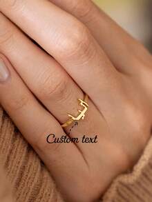 Customized Personalized Arabic Letter Ring, Stainless Steel Adjustable Open Ring, Classic Fashion Couple Ring, Anniversary Wedding Jewelry Gift For Family And Friends - Silver - View 5