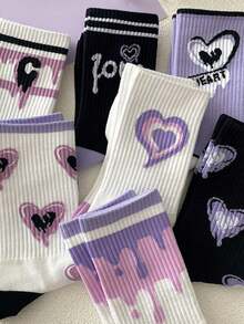 6 đôi tất mỏng dài đến bắp chân họa tiết trái tim màu tím dành cho bé gái, kiểu dáng thời trang Hàn Quốc đa năng, thích hợp cho mùa thu/đông. - Nhiều màu - Xem 2