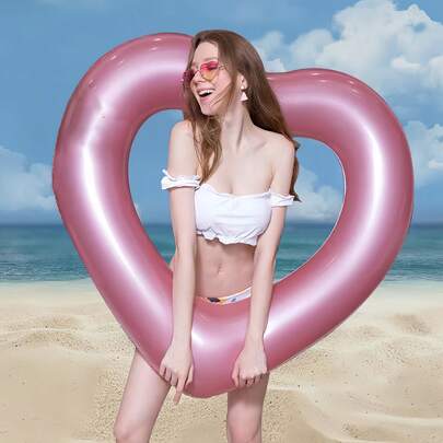 1pc 90cm Rose Gold Heart Shaped Inflatable Swimming Ring, Glitter Sequin, Suitable For Beach & Pool, Adult Size