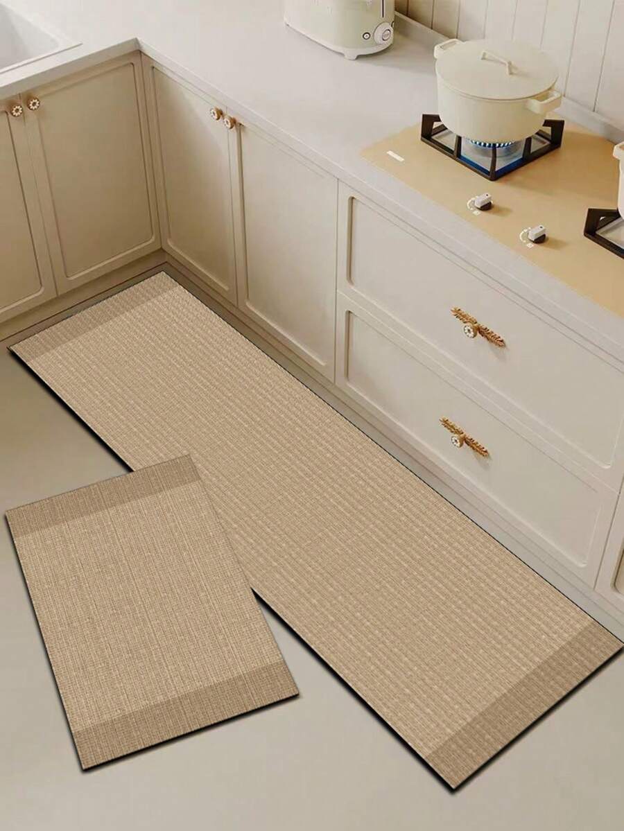 1pc Silica Gel Kitchen Mat, Woven Linen-Like Pattern On Light Beige Base, Subtle Crosshatch Texture, Narrow Solid Trim, Rustic Natural Yet Modern Minimalist Aesthetic, Surface Fabric, Middle Sponge Absorbent, Bottom Rubber Non-Slip Waterproof Kitchen Rug - Multicolor - View 1