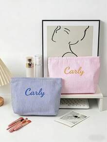 Customized Embroidered Name Striped Canvas Tote Bag, Showcase Unique Style, Personalized Letter Striped Shoulder Bag, Solid Color Zipper Canvas Bag, Large Capacity Casual Bag, Multi-Color Strap, Suitable For Travel, Student Shoulder Bag ,Baglover - Multicolor - View 3