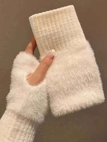 2pairs New Mink Fleece Half Finger Gloves For Women, Soft & Warm Luxury Solid Color Plush Knitted Fingerless Gloves, Winter