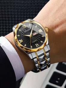 Dianpai Fashion Men's Automatic Mechanical Watch, Durable Stainless Steel Strap, Dual Calendar Luminous Men's Wristwatch - Valentine's Day Gift - Silver - View 4