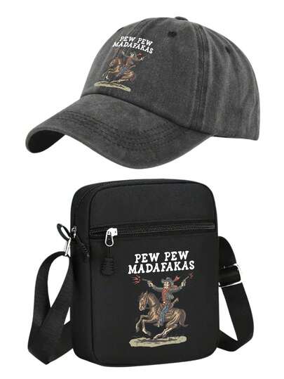 1ชิ้น/2ชิ้น หมวกเบสบอลและกระเป๋าพิมพ์ลายคาวบอยตะวันตก "Pew Pew Madafakas" ปรับได้ สไตล์วินเทจฟอก เหมาะสำหรับทำงาน, แคมปัส, กีฬากลางแจ้ง, ท่องเที่ยว, ชุดลำลอง, ของขวัญสำหรับตัวคุณเองหรือเพื่อน