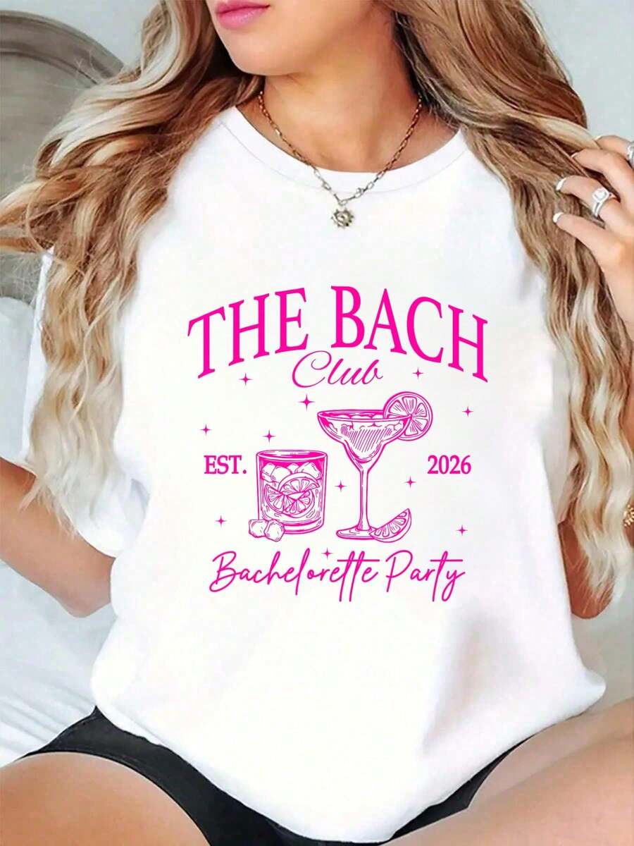 100% Cotton The Bach Club Est 2026 Drinking Bach Bachelorette Party T-Shirt Women Graphic T-Shirt Cotton Print Short Sleeve Casual Top, Summer Tee Womens Tops - 白色 - 查看 1