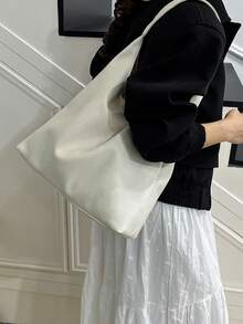 2025 New Solid Color Fashionable Commuter Tote Bag, Minimalist Niche Design Underarm Bag, Stylish Large Capacity Shoulder Bag - White - View 7